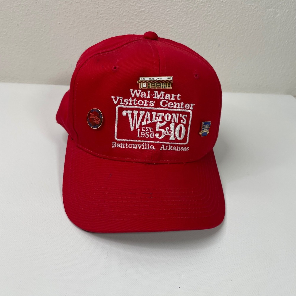 Vintage Walton's 5&10 Wal-Mart Visitors Center Red Snapback Hat 3 Enamel Pins